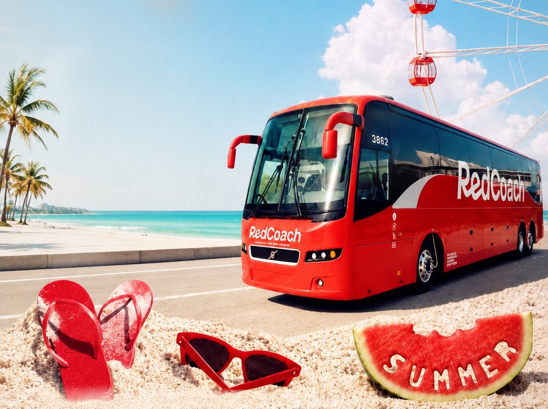 RedCoach bus on a sunny beach with a SUMMER watermelon, flip-flops and sunglasses in the sand